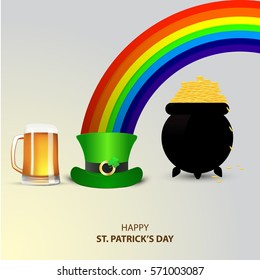 Saint Patricks Day Card with Treasure of Leprechaun, Pot Full of Golden Coins, Green Hat and Shamrock.