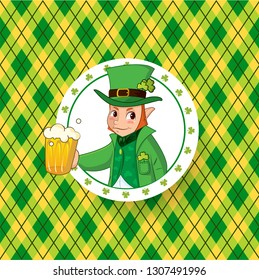 Saint Patricks Day Card with, Green Hat and leprechaun Vector Illustration.