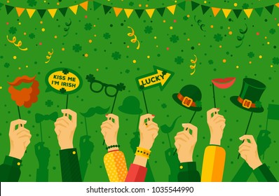 Saint Patrick's day carnival banner with hands holding carnaval masks and props. Vector illustration. Parade concept, photo booth party poster with confetti