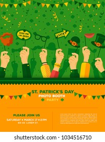 Saint Patrick's day carnival photo booth party poster, flyer or invitation design. Vector illustration. Hands holding funny masks, confetti. Place for your text message. 