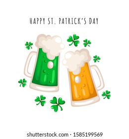 Saint Patricks Day cartoon beer or ale cup, drinking glasses with alcohol, traditional party beverage and shamrock leaves, folk holiday festive decorations - vector greeting card pr poter template