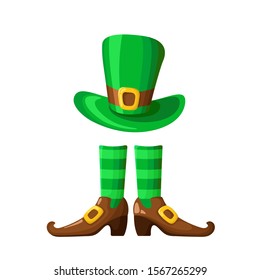 Saint Patricks Day cartoon bowler hat, boots and long green striped ctockings, traditional symbols and decorations of folk holiday, vector isolated icon on white
