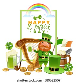  Saint Patricks day cartoon concept with harp beer and Irish flag vector illustration