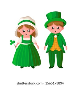 Saint Patricks Day cartoon couple - boy and girl in green retro costumes, cute kawaii irish people or holiday characters, bowler hat, shamrock clover, vector set isolated on white background