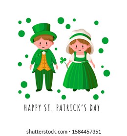 Saint Patricks Day cartoon couple - boy and girl in green retro costumes, cute kawaii irish people or holiday characters for greeting card, print, poster template - vector illustration