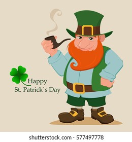 Saint Patrick's Day. Cartoon happy leprechaun. Character with green hat, red beard, smoking pipe and four leaf clover. Vector modern illustration on Saint Patrick's Day.  EPS10