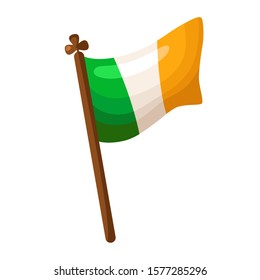 Saint Patricks Day cartoon ireland flag, traditional backward symbol, folk holiday with festive decorations and attribution, vector set isolated icon on white