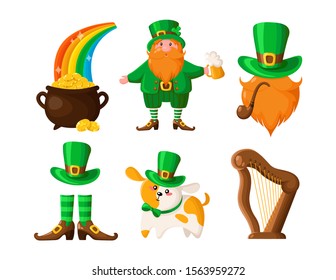 Saint Patricks Day cartoon leprechaun, pot of gold coins, cute dog or puppy in green hat, smoking pipe, hat with beard and pipe, harp, boots, vector set isolated on white