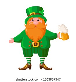 Saint Patricks Day cartoon leprechaun with red beard, dwarf in green hat with beer cup, traditional holiday symbol - fairytale cute character, vector cartoon icon isolated on white background