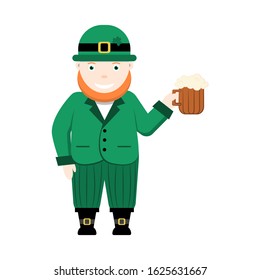 Saint Patricks Day cartoon leprechaun with red beard, dwarf in green hat with beer cup, traditional holiday symbol - fairytale cute character, vector cartoon icon isolated on white background