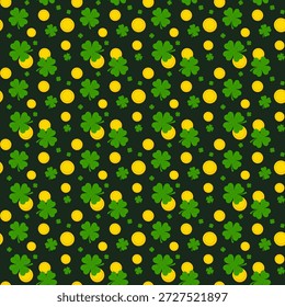 Saint Patrick's Day cartoon pattern. Shamrock and gold coins. Vector flat illustration. Ireland lucky holiday