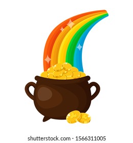 Saint Patricks Day cartoon pot of gold coins, cute magic gold and rainbow, card or poster, print, vector isolated on white