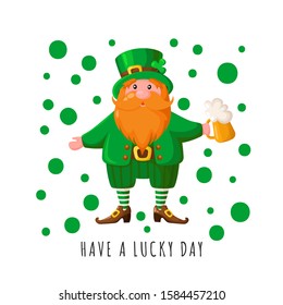 Saint Patricks Day cartoon red beard leprechaun, dwarf in green bowler hat with beer cup, traditional holiday symbol - fairytale cute character, vector cartoon greeting card template