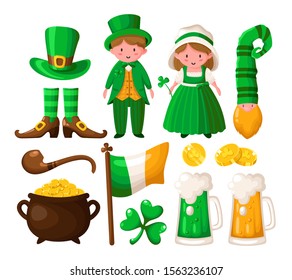 Caricatura del Día de San Patricio shamrock, leprechaun, una olla de monedas de oro, chico y chica adorables con trajes retro verdes, pipa de fumar, sombrero de bol, cerveza o ale, vectorial aislado en blanco