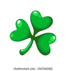 Saint Patricks Day cartoon shamrock, clover green leaf, traditional holiday symbol of luck, vector cartoon icon or sign isolated on white background