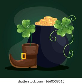 saint patricks day with cauldron and decoration vector illustration design