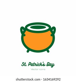 Saint Patricks day cauldron, magic pot vector icon. Orange green line art flat icon for logo, sign, button. Minimalist st Patricks day menu, flyer, poster. Isolated Patrick cauldron, magic pot.