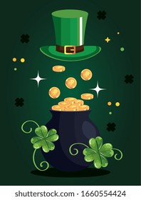 saint patricks day with cauldron and top hat vector illustration design