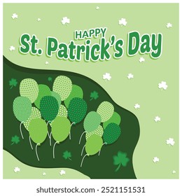 Celebración del día de San Patricio con globos. Trébol de hoja de San Patricio de los Elementos. Concepto del día de San Patricio. Ilustración vectorial plana.