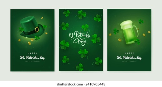 Saint patrick's day celebration banner, poster or greeting card design template with realistic hat, clover and green beer mug on green background. Vector illustration