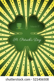 Saint Patrick's day celebration card with cloverleaf, hat and day of the celebration. Illustration contains text: Saint Patrick's day and March 17