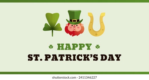 Saint patrick's day celebration cartoon poster, web banner or greeting card design template with cartoon leprechaun hat, shamrock and horseshoe in modern flat style. Vector illustration