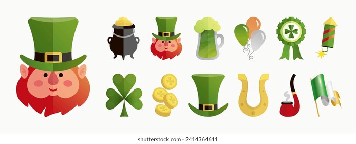 Saint patrick's day celebration cartoon icon set isolated on white background. Flat style elements collection. Vector illustration