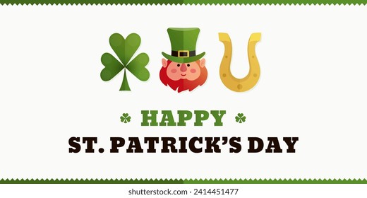 Saint patrick's day celebration cartoon poster, web banner or greeting card design template with cartoon leprechaun hat, shamrock and horseshoe in modern flat style. Vector illustration