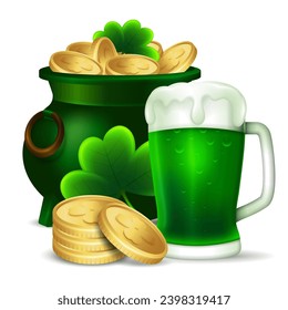 Saint Patricks Day celebration clipart with Beer, clover leaves, Pot Cauldron and coin