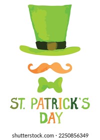 Saint Patrick's Day celebration design on white background. Leprechaun hat, mustache, bow tie. 17 march. Lettering St.Patrick's day. Design for print, poster, card, banner. Vector illustration. 