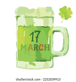 Saint Patrick's Day celebration design on white background. Green beer. 17 march. Lettering St.Patrick's day. Design for print, poster, card, banner. Vector illustration. 