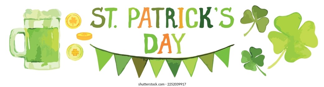 Saint Patrick's Day celebration design on white background. Green Beer, clover.17 march. Lettering St.Patrick's day. Design for print, poster, card, banner. Vector illustration. 