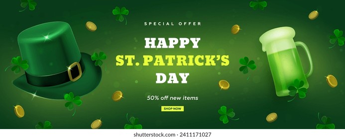 Saint patrick's day celebration flyer, poster, wallpaper or web banner design template with realistic 3d top hat, clover and green beer mug on green background. Vector illustration