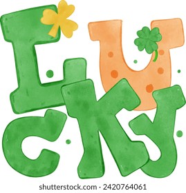 Saint Patrick's day celebration illustration. Hand drawn vector lettering Lucky with horseshoe.