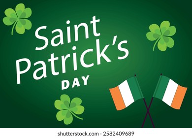 Saint Patrick's Day celebration with Irish flags and shamrocks on a green festive background