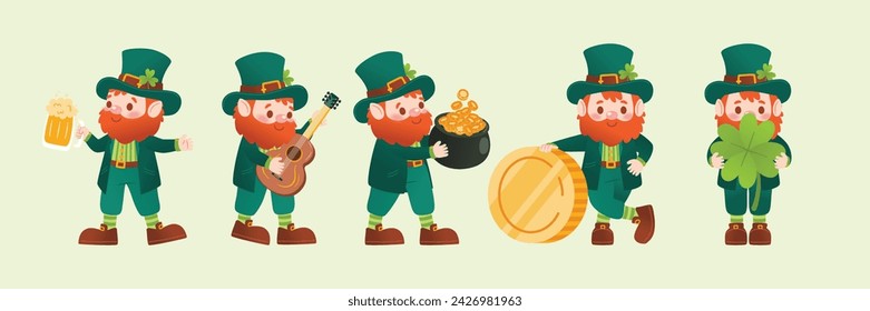 Saint Patrick's Day Celebration with Leprechaun, Pot of Gold, and Beer - Festive Irish Mythology, Illustration, Vector