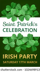Saint Patricks Day Celebration. Party invitation in origami style