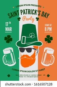 Saint Patrick's day celebration party poster design template with hipster Leprechaun.
