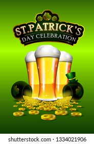 Saint Patrick's Day celebration poster , brochure, holiday invitation, corporate celebration. leprechaun hat, shamrock, pot with gold coins, beer and green background, with elegant lettering.