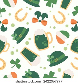 Celebración del Día de San Patricio, patrón sin fisuras con símbolos de feriado nacional irlandés, cerveza verde, sombrero, bandera nacional y trébol. Ilustración vectorial, diseño de papel envolvente.