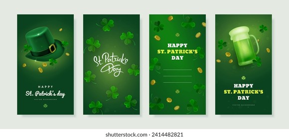 Saint patrick's day celebration social media stories design template with realistic top hat, clover and green beer mug on green background. Vector illustration