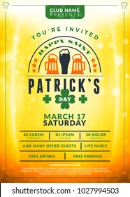 Saint Patricks Day celebration. Typography poster or party flyer template. Vintage beer label on the golden background with light effects