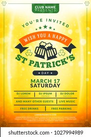 Saint Patricks Day celebration. Typography poster or party flyer template. Vintage beer label on the golden background with light effects