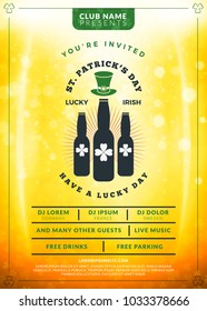 Saint Patricks Day celebration. Typography poster or party flyer template. Vintage beer label on the golden background with light effects