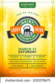 Saint Patricks Day celebration. Typography poster or party flyer template. Vintage beer label on the golden background with light effects