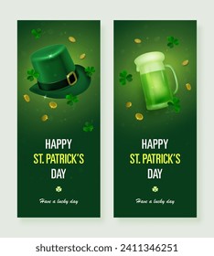 St. Patrick's Day Feiern vertikale Banner-Design-Vorlage mit realistischen 3D-Top-Hut, Klee und grüner Bierkrug auf grünem Hintergrund. Vektorgrafik