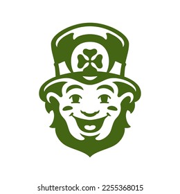 Saint Patrick's Day Celtic smiling troll bearded leprechaun portrait in hat vintage icon vector flat illustration. Irish fortune prosperity gnome face in headdress green clover shamrock success leaf