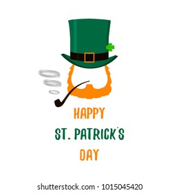 Saint Patrick's Day character leprechaun with green hat, red beard, smoking pipe and no face. Design elements for St. Patricks Day. Isolated on white background. Vector illustration.