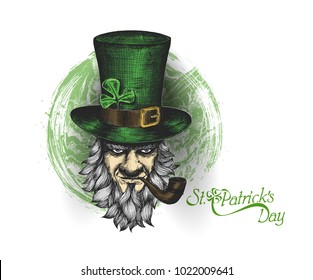 Saint Patrick's Day character leprechaun with green hat, beard, smoking pipe, vector illlustration.