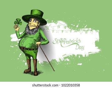 Saint Patrick's Day character leprechaun with green hat, beard, smoking pipe, vector illlustration.